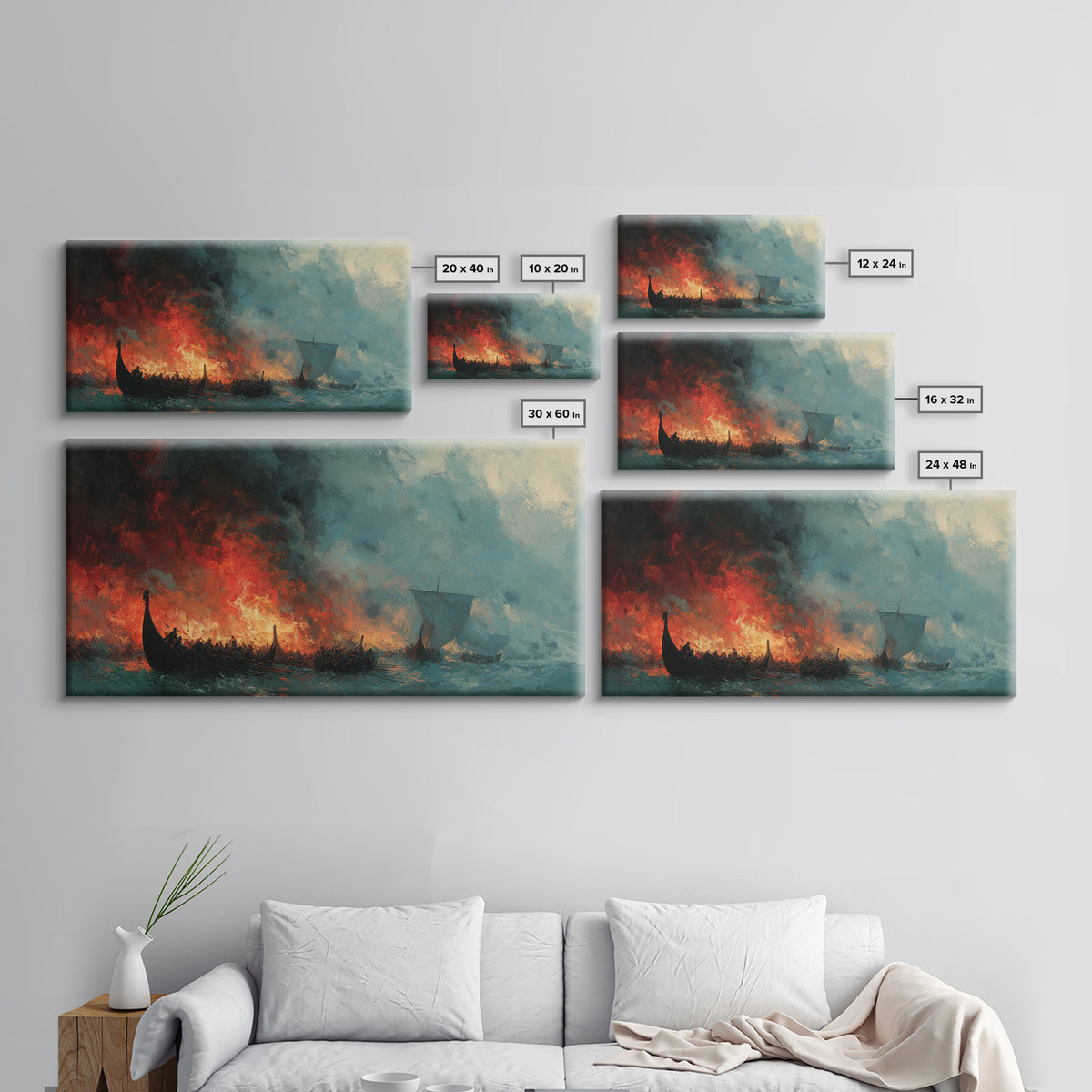 Burning Viking Ships At Stormy Sea Wall Art, Dramatic Norse Seascape Canvas Decor, Historical Ocean Art For Man Cave Decor
