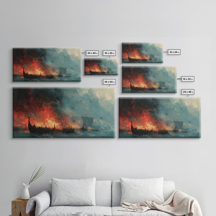 Burning Viking Ships At Stormy Sea Wall Art, Dramatic Norse Seascape Canvas Decor, Historical Ocean Art For Man Cave Decor
