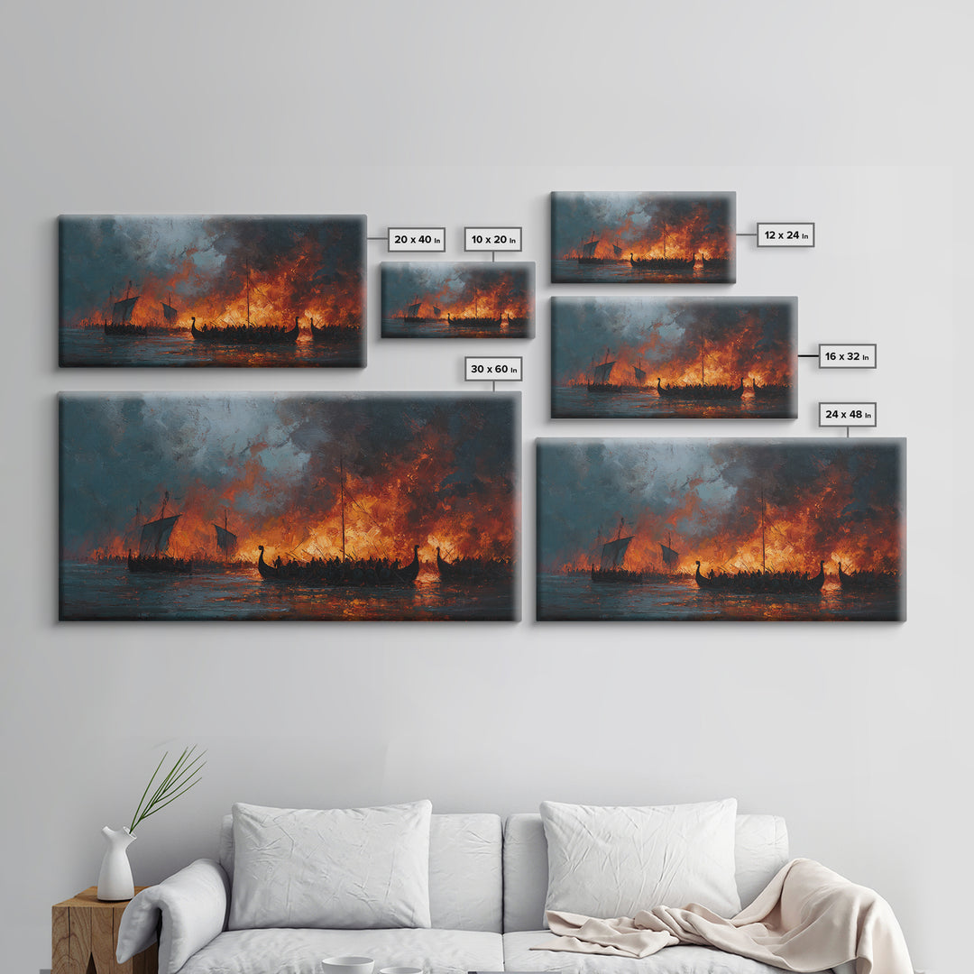 Burning Viking Longships At Sea Wall Art, Dramatic Fantasy Art, Moody Seascape, Historical Battle, Living Room Decor, Office Decor