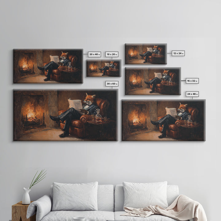 Fox Gentleman Reading By Fireside Canvas Print, Cozy Library Wall Art, Whimsical Animal Decor, Dark Academia Gift For Him