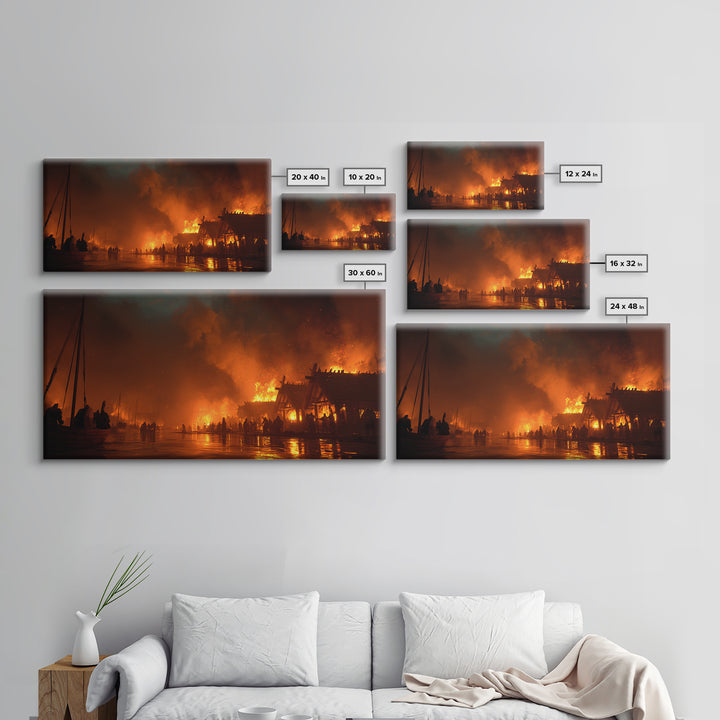 Burning Viking Village At Night Canvas Print, Fiery Harbor Wall Art, Norse Fantasy Decor, Dramatic Medieval Landscape Poster