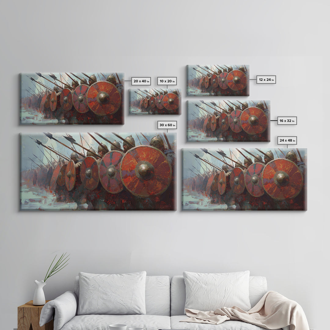 Spartan Phalanx With Red Shields Framed Canvas Print Ancient Warrior Wall Art, Historical Battle Office Decor For Man Cave