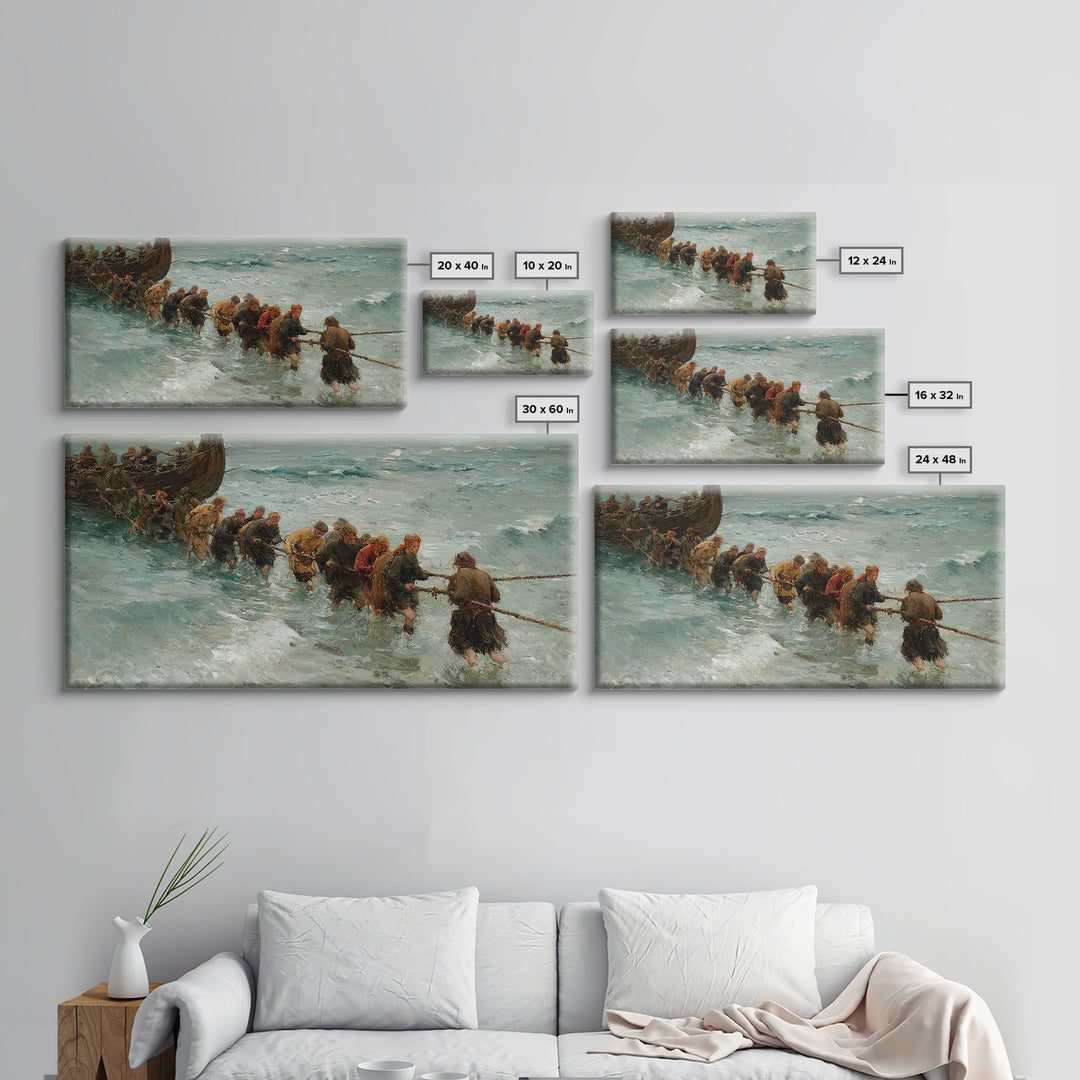 Viking Ship Landing In Icy Surf Framed Canvas Print, Norse Seascape Wall Art, Coastal Adventure Home Decor, Unique Gift For Him