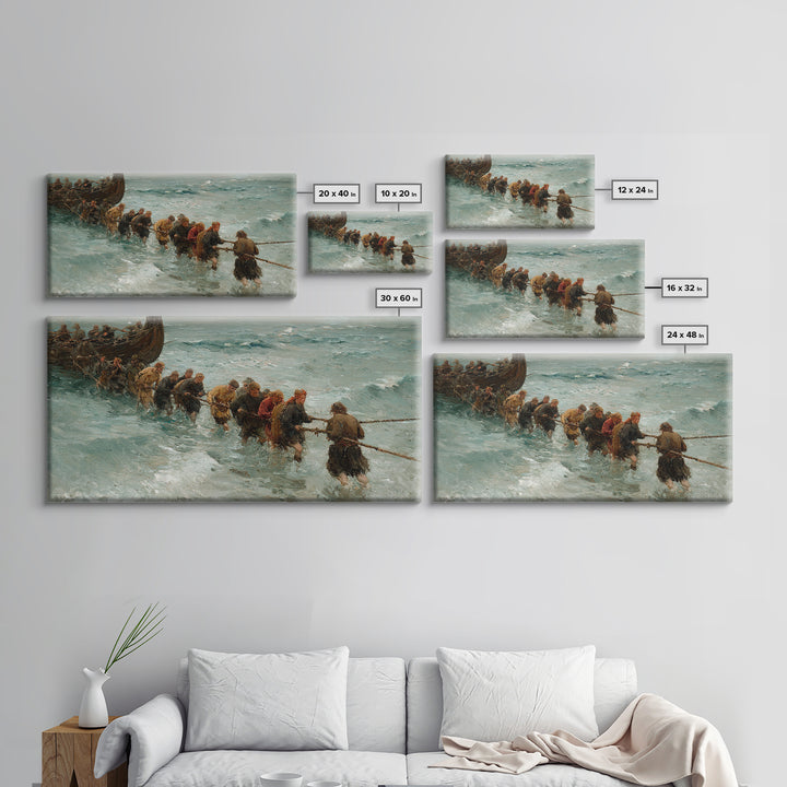 Viking Ship Landing In Icy Surf Framed Canvas Print, Norse Seascape Wall Art, Coastal Adventure Home Decor, Unique Gift For Him