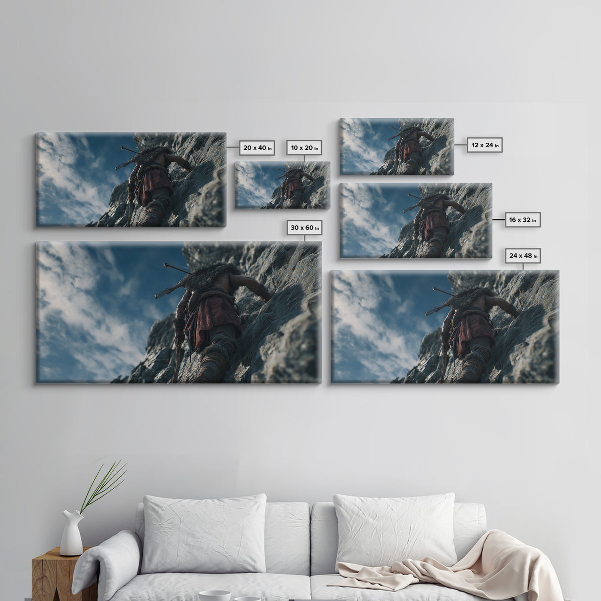 Rugged Warrior Climbing Sheer Mountain Cliff Canvas Print, Adventure Decor, Mountain Wall Art, Fantasy Art, Gift For Him