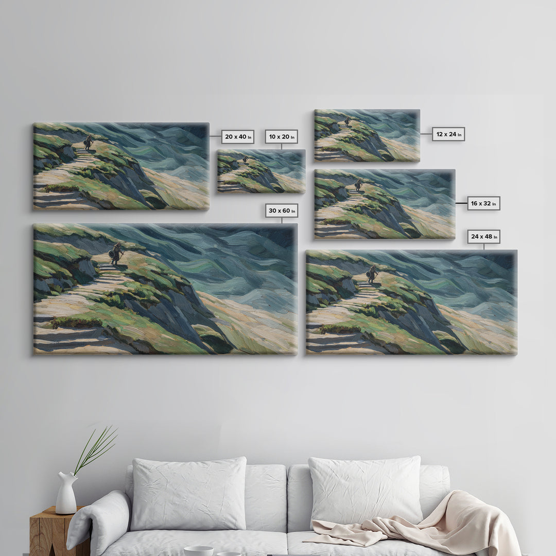 Rider On Mountain Path In Textured Hills Wall Art, Impressionist Landscape Canvas Print, Rustic Nature Decor, Home Decor