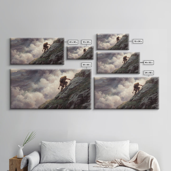 Lone Warrior Climbing Stormy Mountain Framed Canvas Print, Fantasy Adventure Wall Art, Moody Landscape Decor, Gift For Him