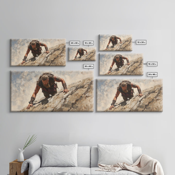 Rugged Viking Climbing Snowy Mountain Cliff Wall Art, Textured Adventure Canvas Print For Masculine Office Decor And Cabin Decor