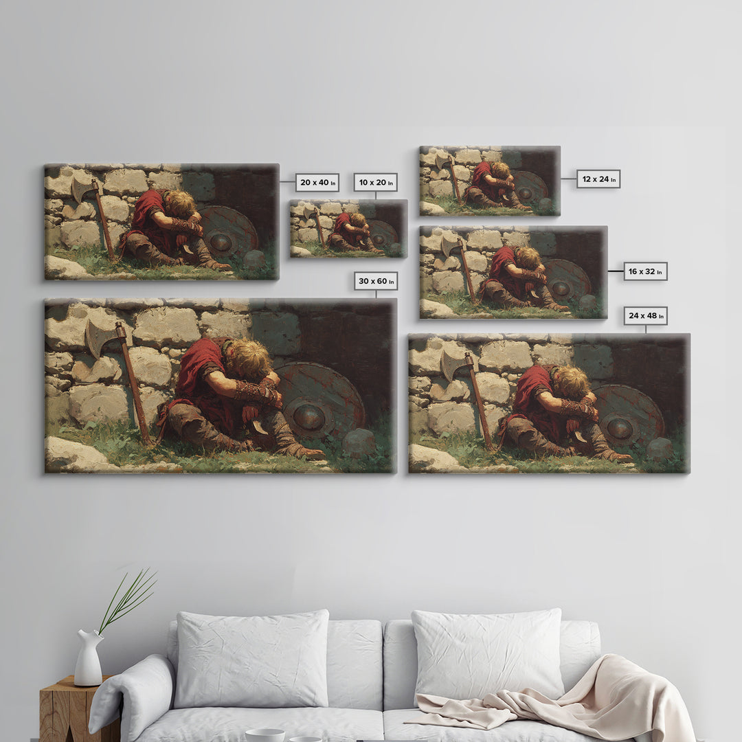 Wounded Viking Resting By Stone Wall Canvas Print, Norse Warrior Artwork, Rustic Historical Decor, Dark Academia Art, Gift For Him