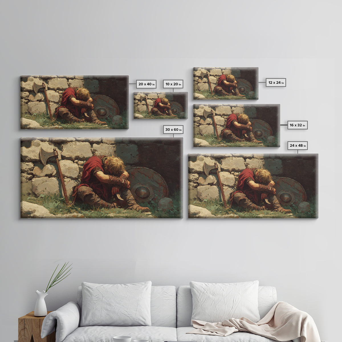 Wounded Viking Resting By Stone Wall Canvas Print, Norse Warrior Artwork, Rustic Historical Decor, Dark Academia Art, Gift For Him