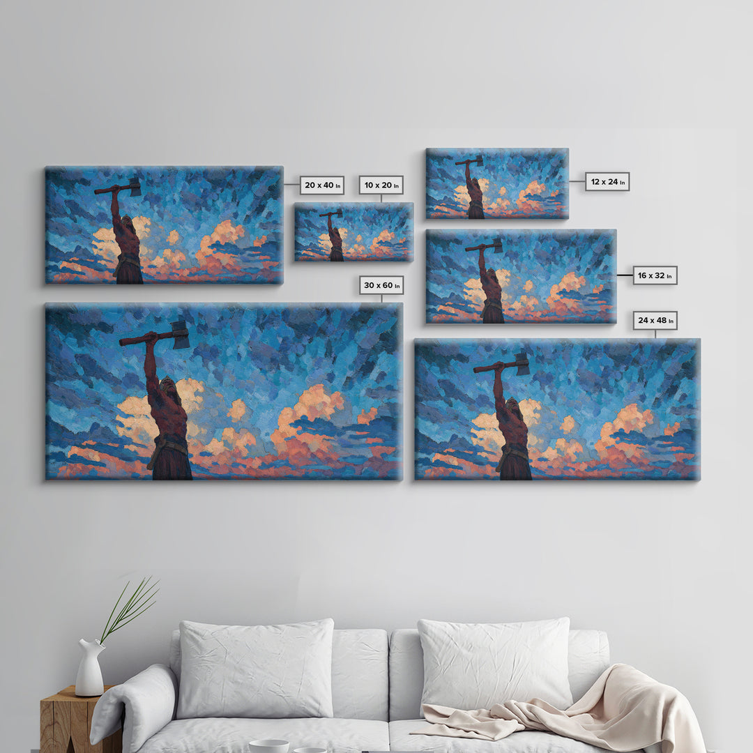 Dynamic Expressionist Oil Painting Of Man With Raised Axe Under Blue Sky Modern Wall Art Canvas Print