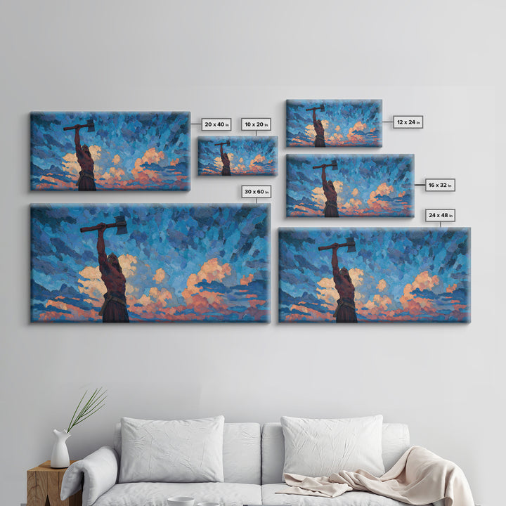 Dynamic Expressionist Oil Painting Of Man With Raised Axe Under Blue Sky Modern Wall Art Canvas Print