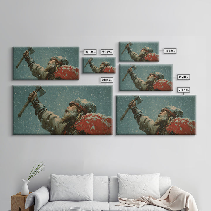Bearded Viking Raising Axe In Snow Canvas Print, Norse Warrior Wall Art, Winter Fantasy Decor For Man Cave Or Office Gift