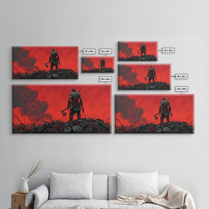Lone Viking Warrior On Red Battlefield Wall Art, Dark Fantasy Canvas, Nordic War Decor, Masculine Office Art, Gift For Him