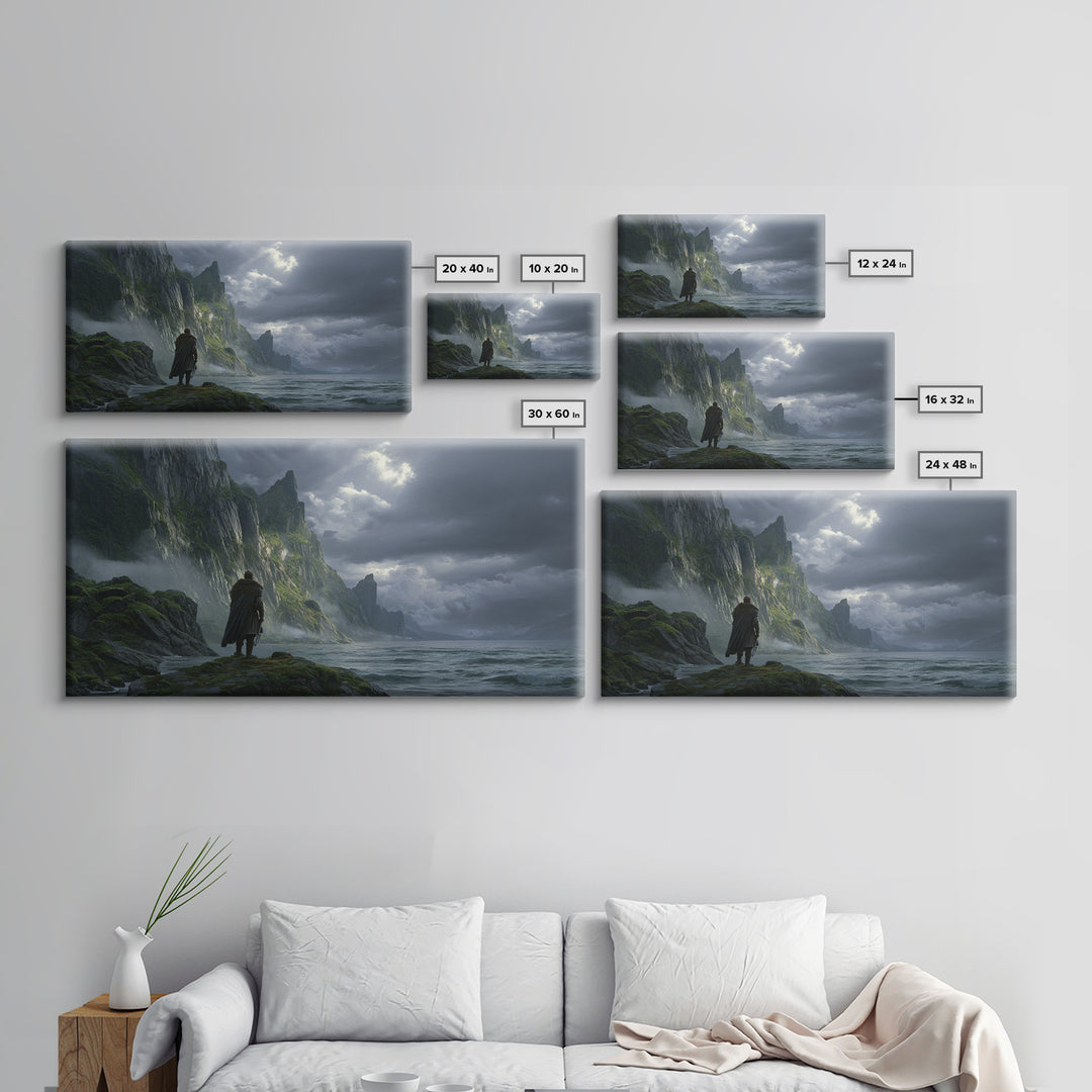 Lonely Wanderer On Stormy Sea Cliffs Canvas Print, Dark Fantasy Landscape Wall Art, Viking Coastal Decor, Moody Seascape