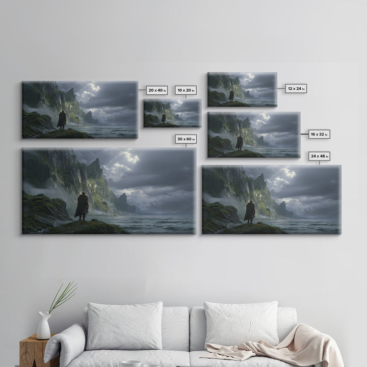 Lonely Wanderer On Stormy Sea Cliffs Canvas Print, Dark Fantasy Landscape Wall Art, Viking Coastal Decor, Moody Seascape