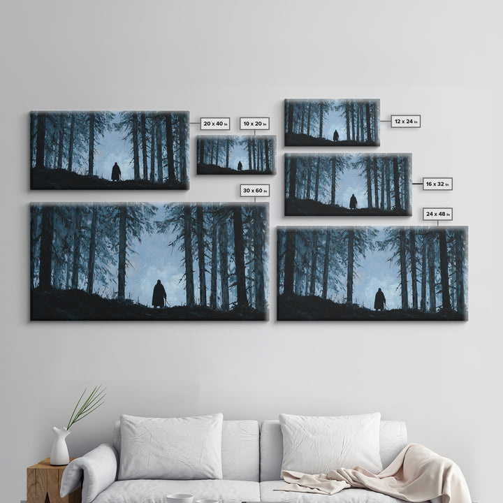 Lone Wanderer In Dark Pine Forest Wall Art, Moody Landscape Print, Gothic Nature Decor, Fantasy Cabin Wall Decor Gift For Him