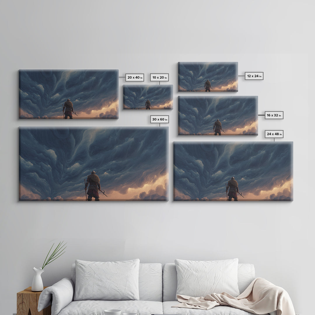 Viking Warrior Beneath Storm Clouds Canvas Print, Nordic Fantasy Wall Art, Moody Landscape Decor, Gift For Him, Living Room Decor