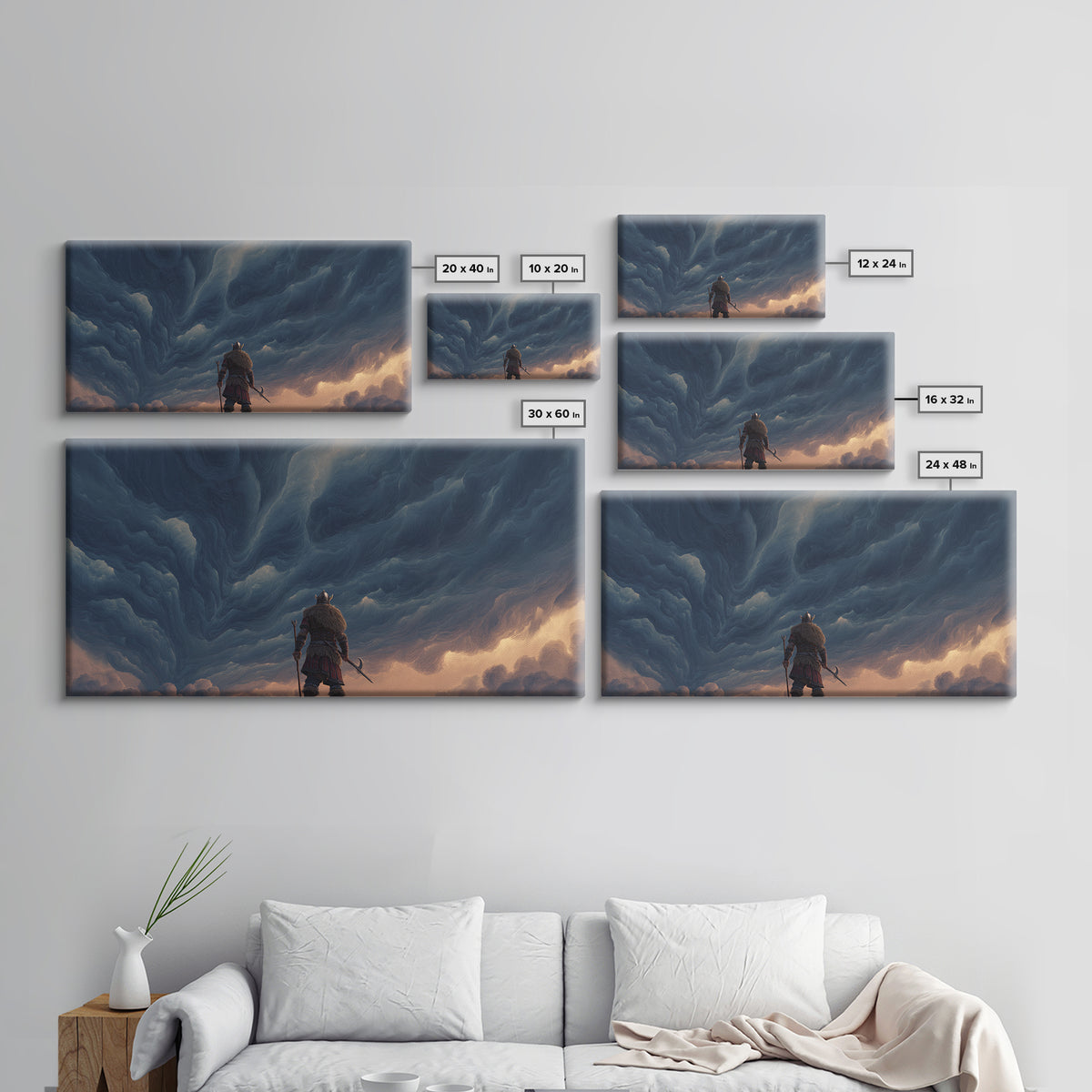 Viking Warrior Beneath Storm Clouds Canvas Print, Nordic Fantasy Wall Art, Moody Landscape Decor, Gift For Him, Living Room Decor