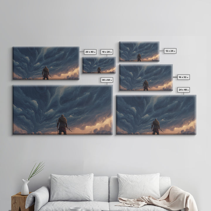 Viking Warrior Beneath Storm Clouds Canvas Print, Nordic Fantasy Wall Art, Moody Landscape Decor, Gift For Him, Living Room Decor