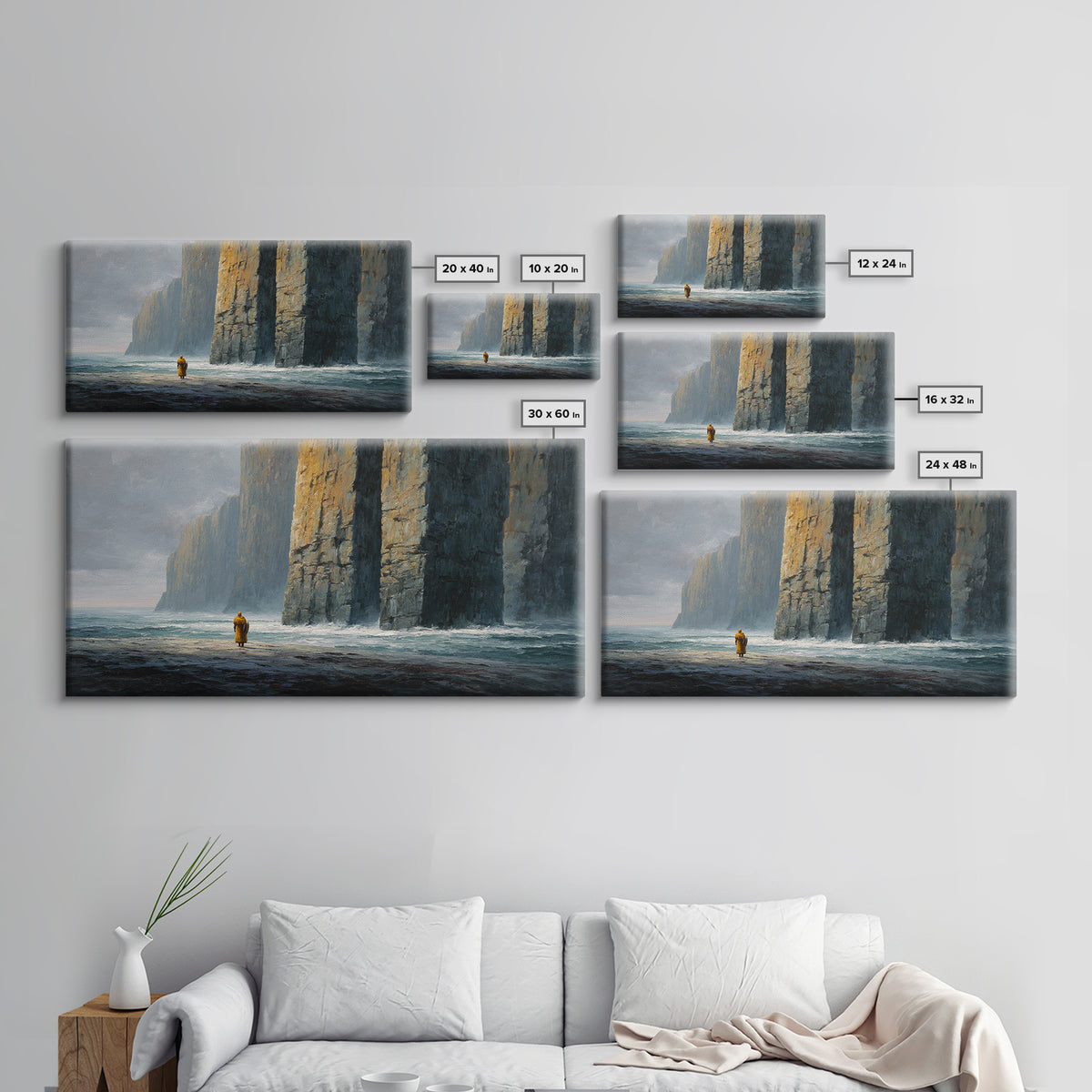 Lone Wanderer By Towering Sea Cliffs Wall Art, Moody Seascape Painting, Coastal Landscape Print, Dramatic Ocean Decor For Living Room