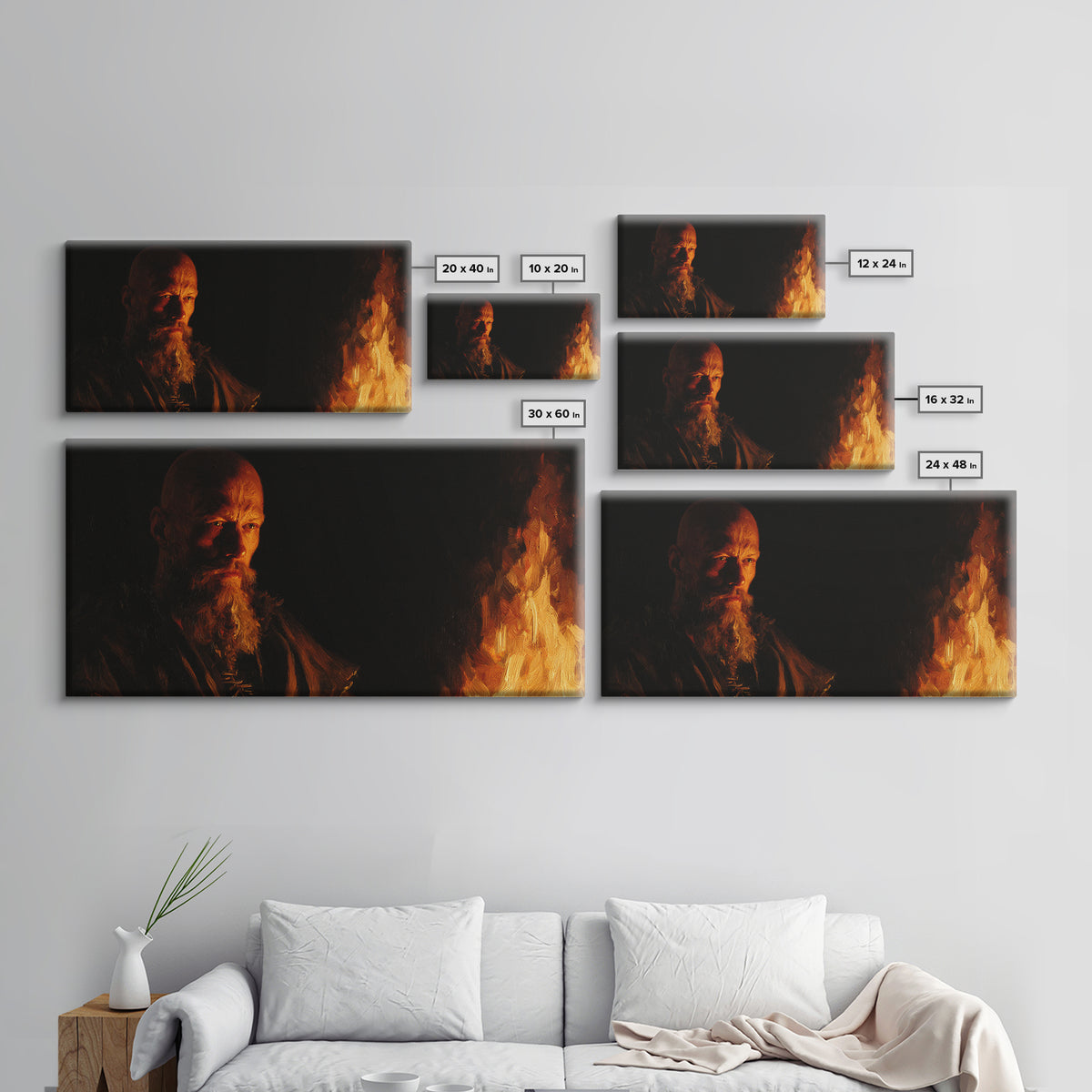 Bearded Man By Fire In Moody Light Canvas Print, Dark Portrait Wall Art, Rustic Viking Decor, Masculine Office Art, Gift For Him