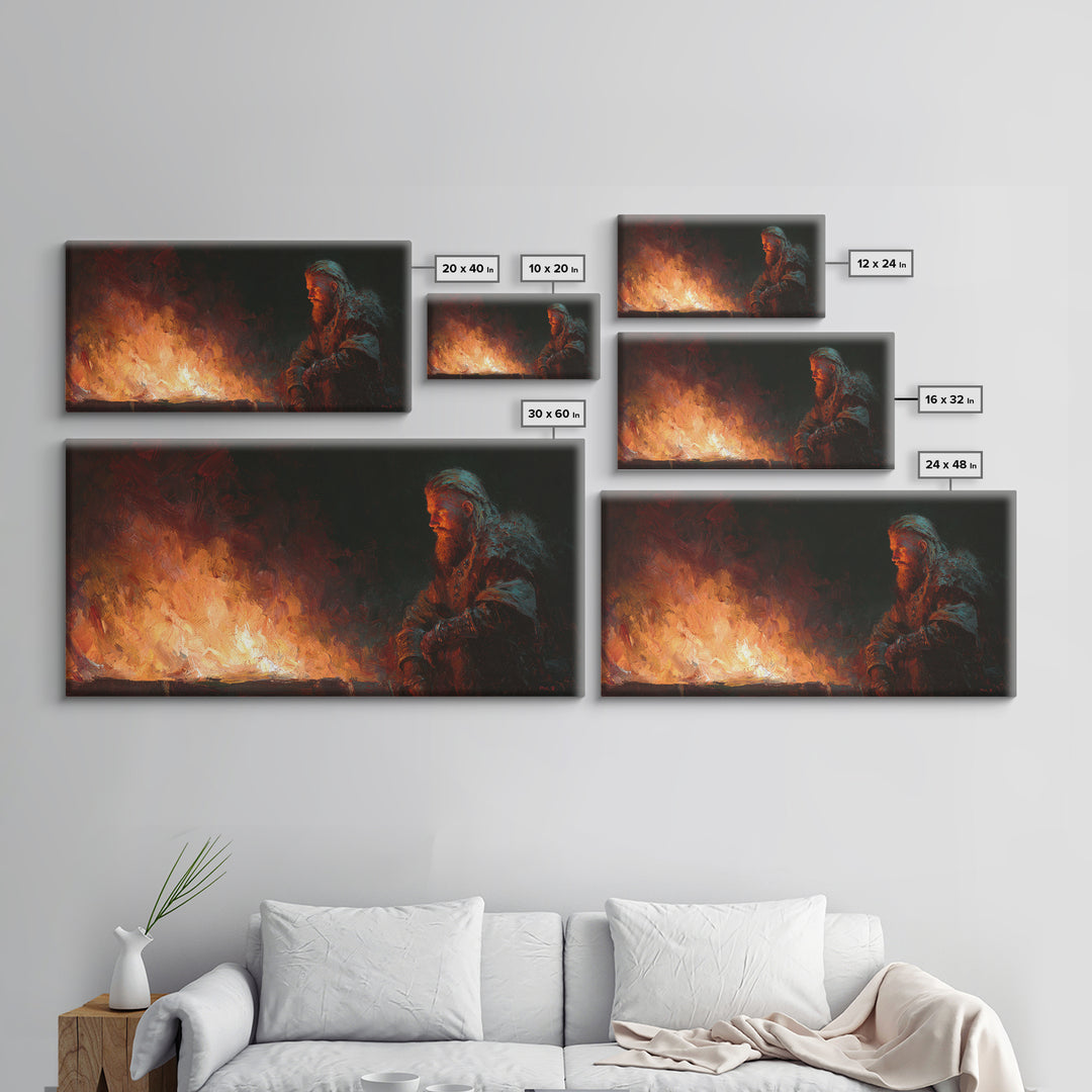 Bearded Viking Beside Blazing Fire Wall Art, Dark Nordic Canvas Print For Rustic Home Decor And Masculine Office Decor Gift
