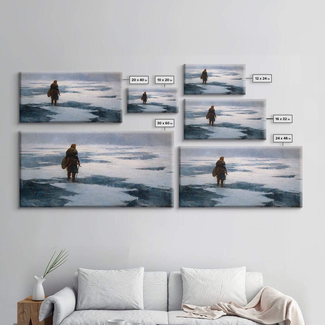 Lone Viking On Frozen Tundra Canvas Print, Nordic Winter Landscape Wall Decor, Medieval Warrior Art For Rustic Home Decor