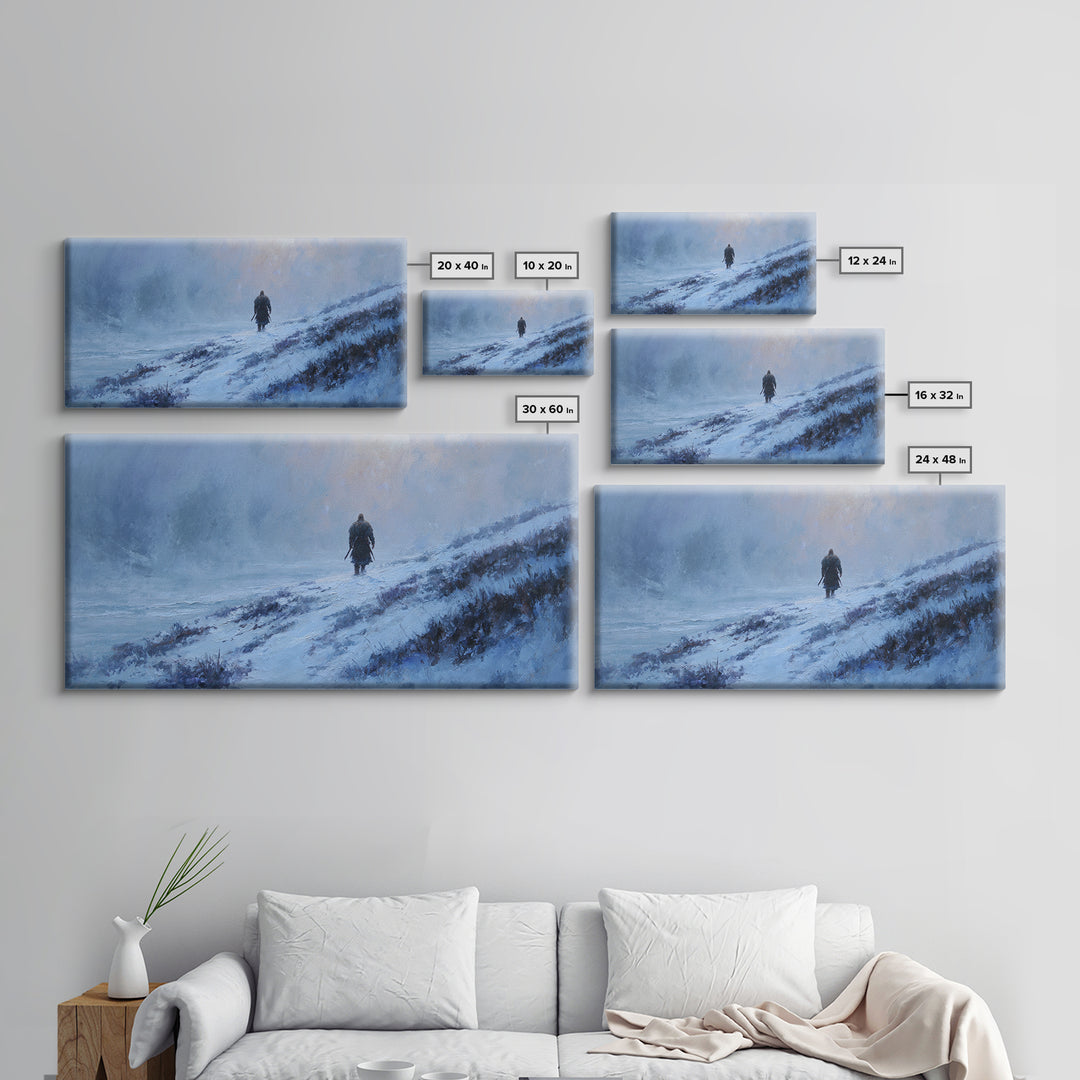 Lone Warrior In Snowy Blue Highlands Wall Art Winter Landscape Canvas, Viking Inspired Decor, Moody Large Print For Living Room Decor