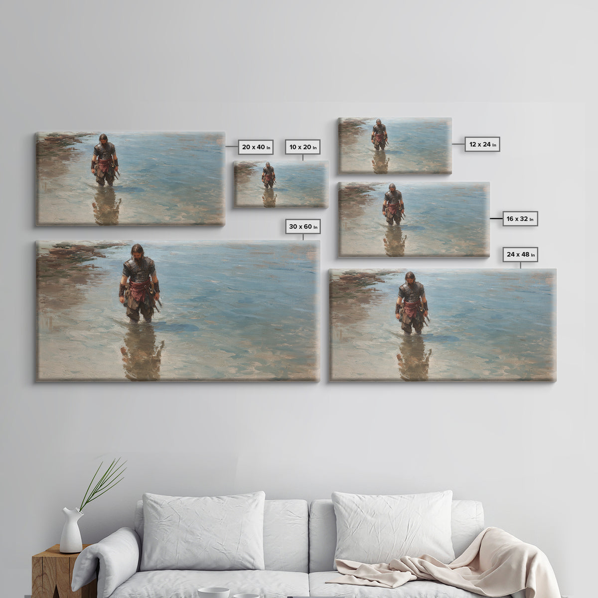 Solitary Warrior Walking Through Blue Water Canvas Print, Coastal Battle Wall Art, Heroic Landscape Decor, Modern Gift For Him
