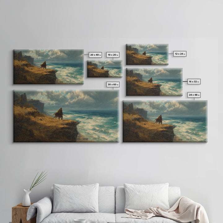 Cloaked Warrior On Ocean Cliff Wall Art, Moody Seascape Canvas Print, Fantasy Coastal Decor For Office Or Living Room Art