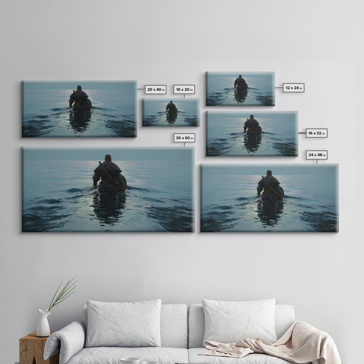 Lone Warrior Wading Into Calm Blue Sea Framed Canvas Print, Nautical Fantasy Wall Art, Moody Coastal Living Room Decor Gift