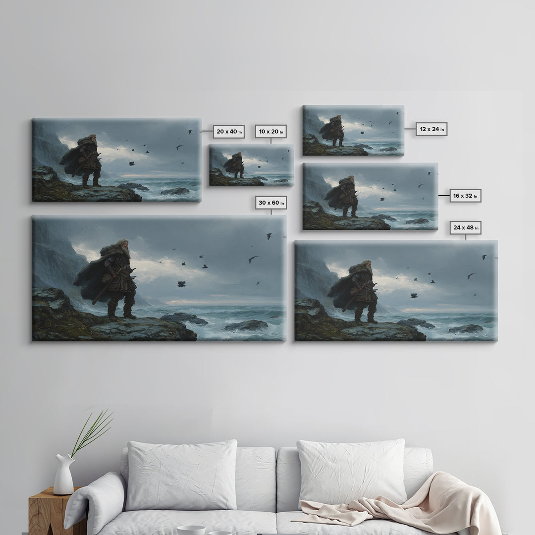Weathered Viking On Stormy Sea Cliff Wall Art, Nordic Warrior Canvas Print For Masculine Office Decor And Coastal Home Decor