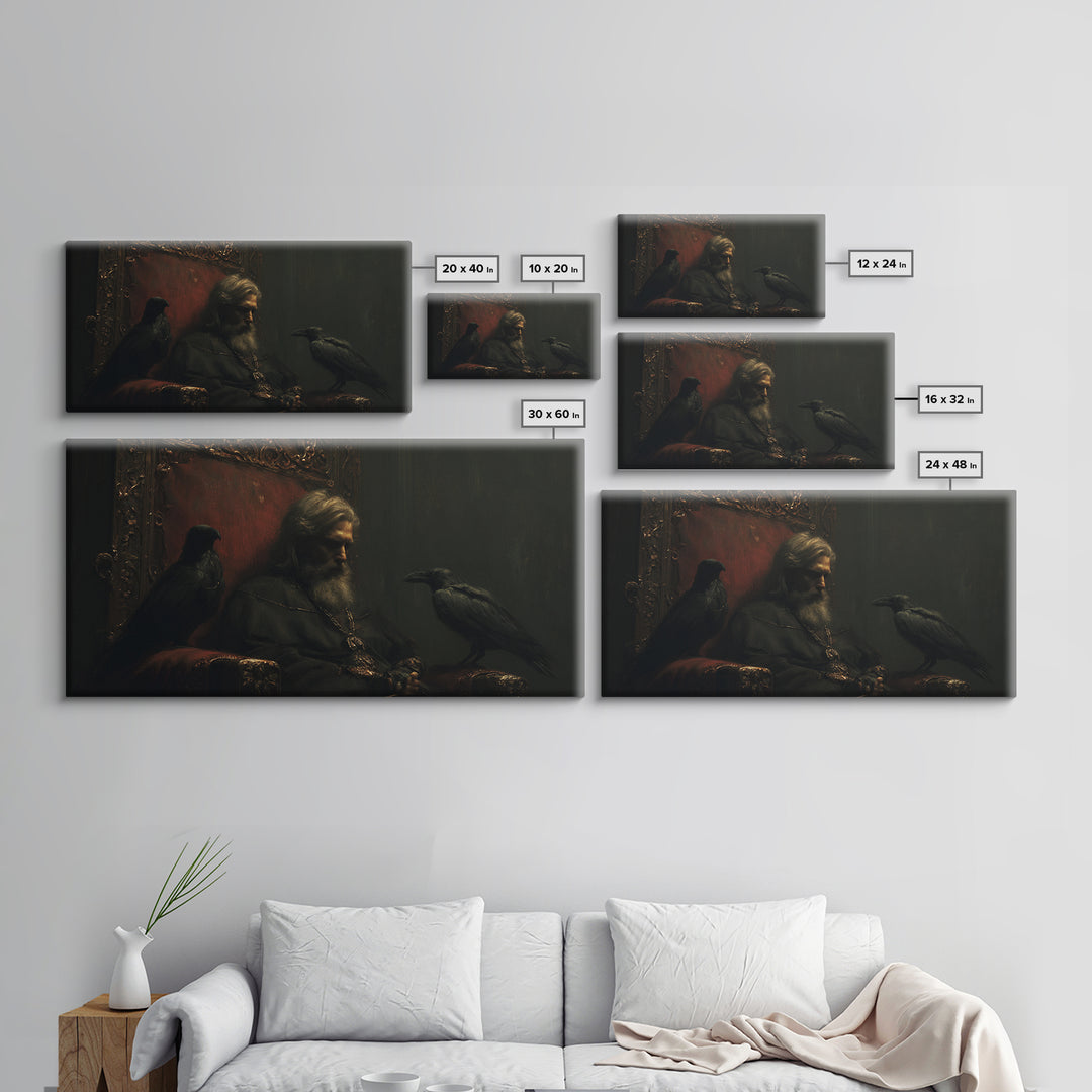 Moody Raven King Throne Portrait Wall Art, Dark Academia Gothic Canvas Decor, Medieval Fantasy Painting For Living Room Decor