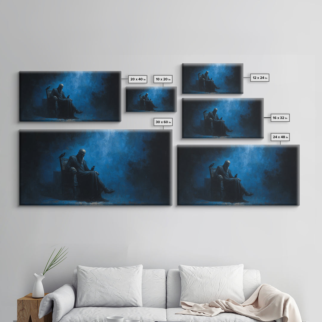 Dark Seated Figure With Raven Canvas Print Blue Gothic Portrait, Moody Wall Decor, Dark Academia Art For Living Room And Office Decor