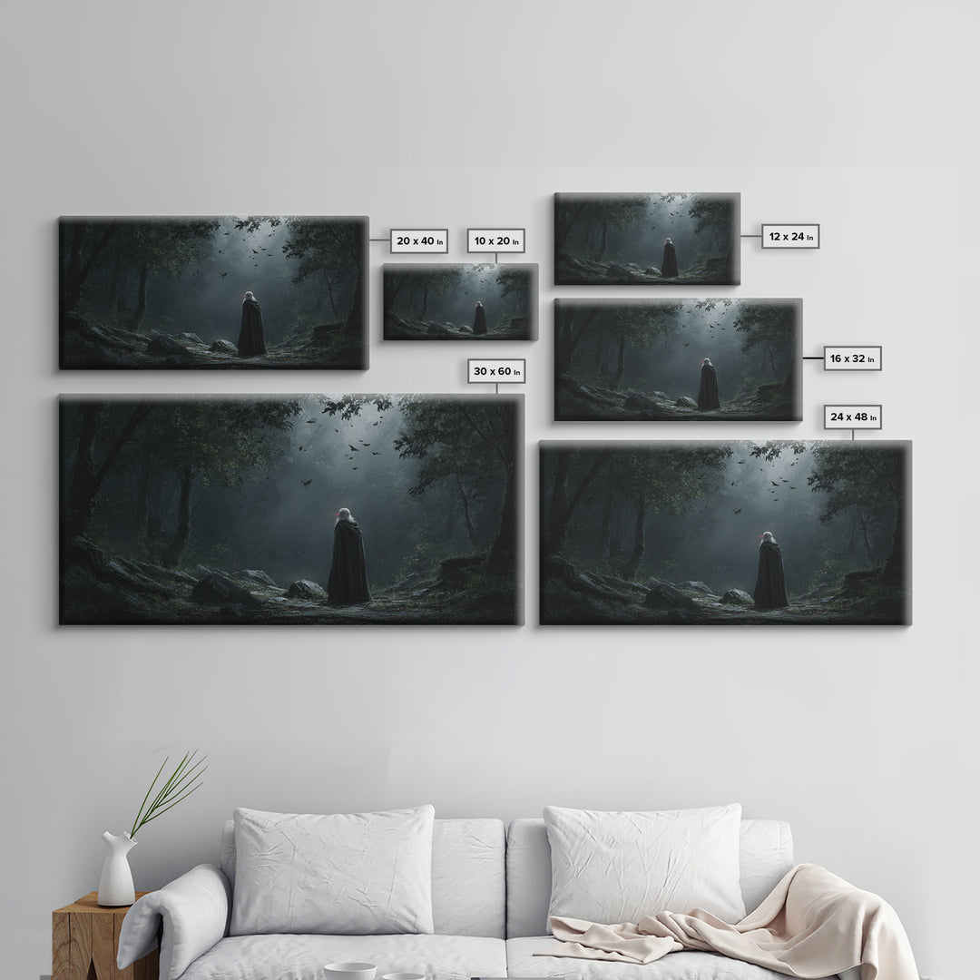 Cloaked Wanderer In Moonlit Gothic Forest Wall Art, Dark Fantasy Canvas Painting, Moody Woodland Decor Gift For Her And Witchy Home Decor