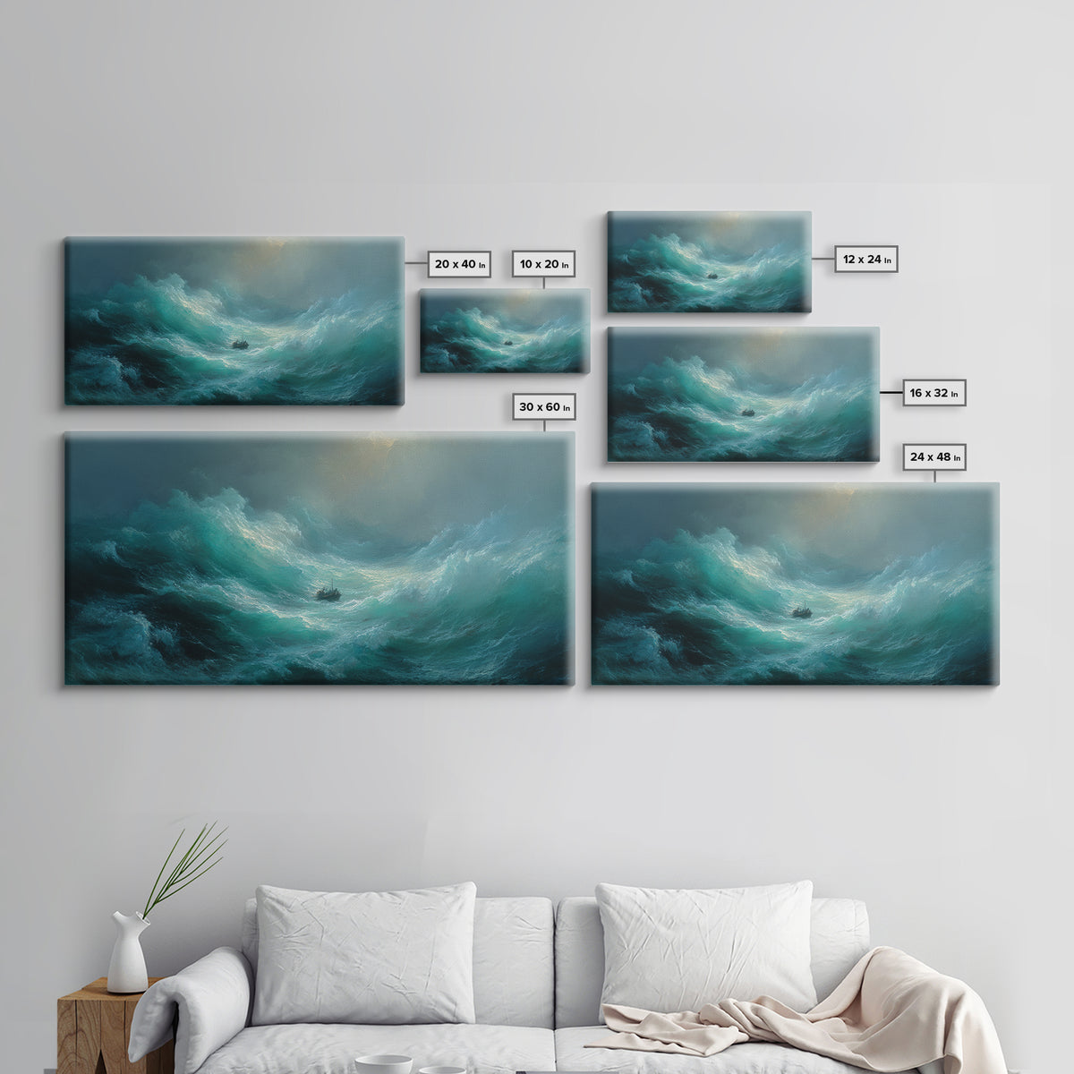 Stormy Ocean With Tiny Boat Canvas Print, Dramatic Seascape Wall Art, Moody Coastal Decor, Nautical Gift For Him, Ocean Art Print