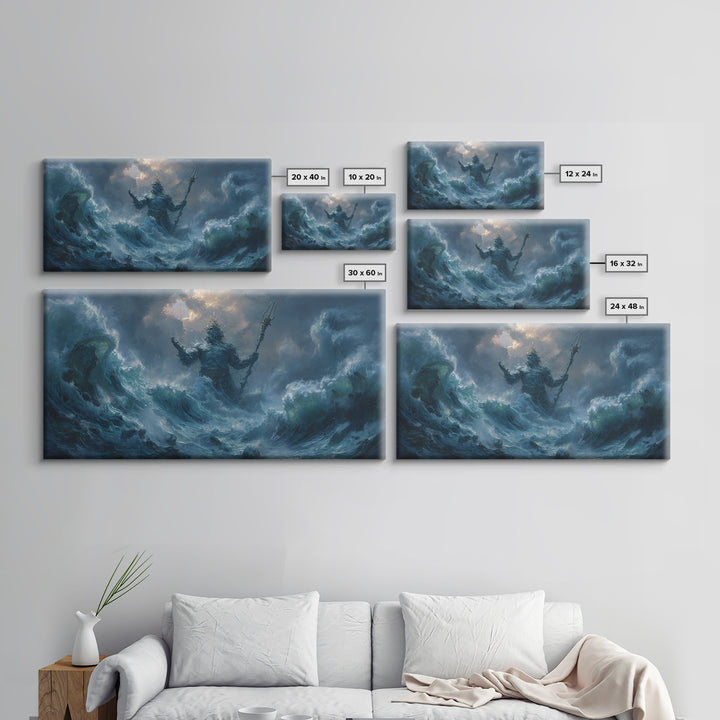 Majestic Mythical Ocean God Painting Wall Art Canvas Print For Coastal Rustic Home Decor And Living Room