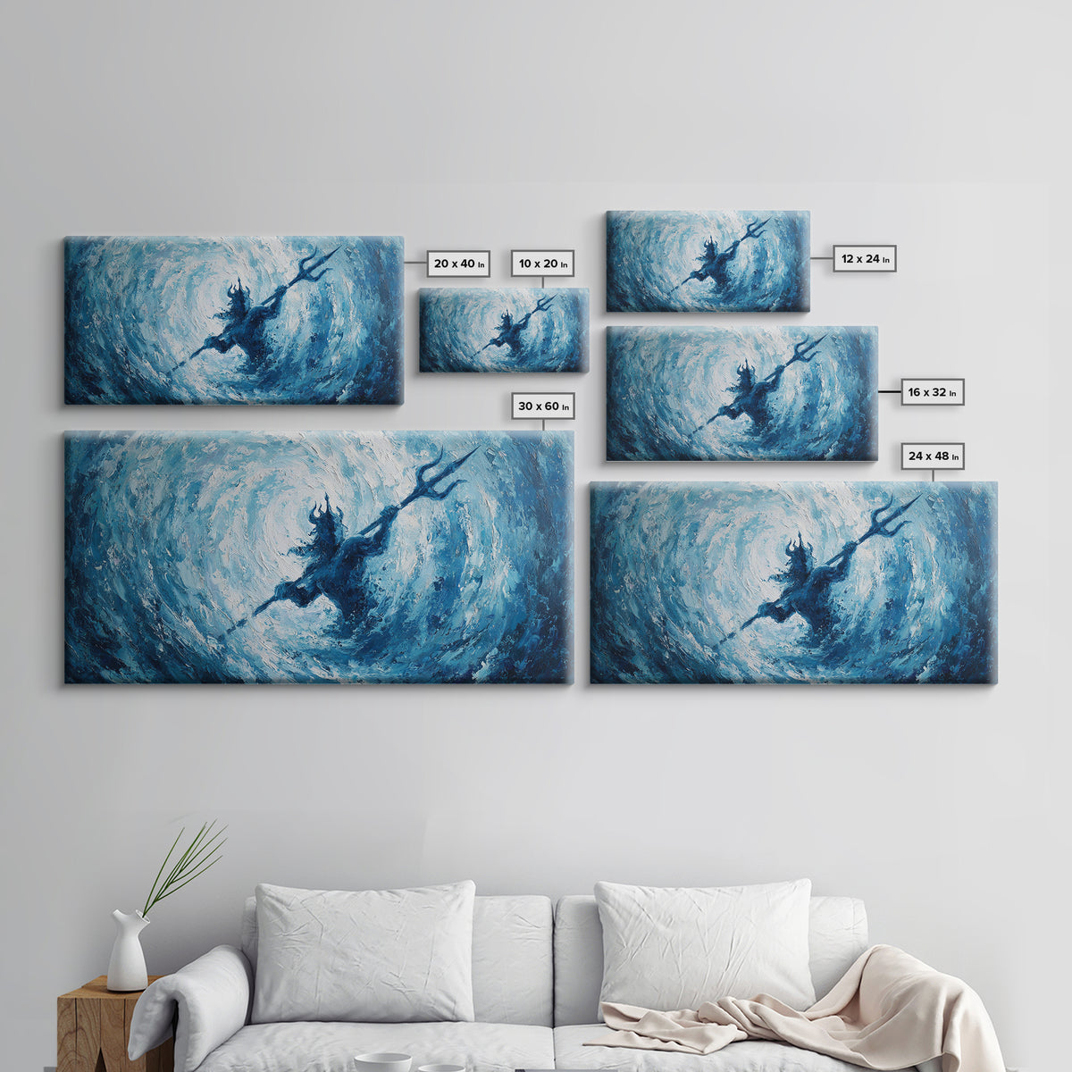 Poseidon Trident In Swirling Ocean Canvas Print Mythological Large Blue Wall Art, Fantasy Seascape For Coastal Home Decor