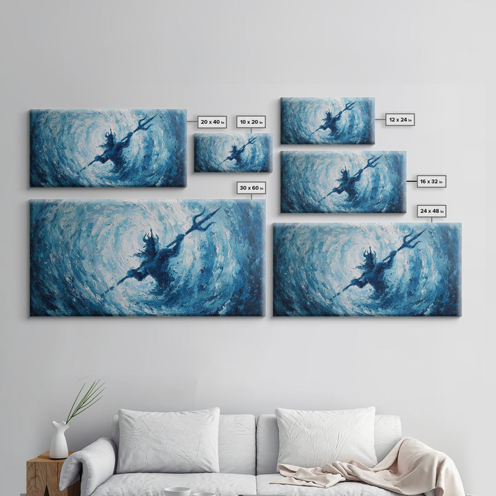 Poseidon Trident In Swirling Ocean Canvas Print Mythological Large Blue Wall Art, Fantasy Seascape For Coastal Home Decor