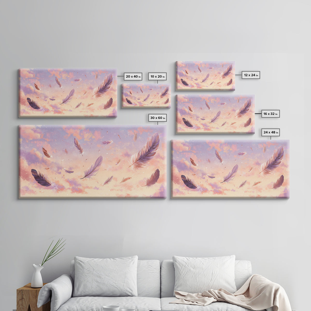 Floating Feathers Canvas Print, Pastel Sunset Sky Wall Art, Dreamy Celestial Decor, Soft Boho Bedroom Wall Decor, Gift For Her