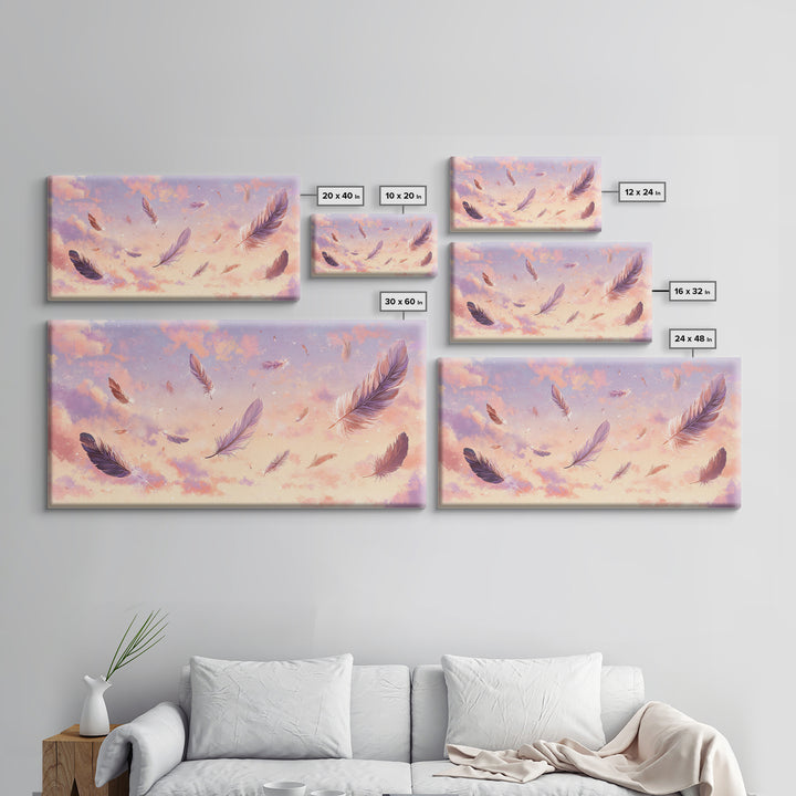 Floating Feathers Canvas Print, Pastel Sunset Sky Wall Art, Dreamy Celestial Decor, Soft Boho Bedroom Wall Decor, Gift For Her