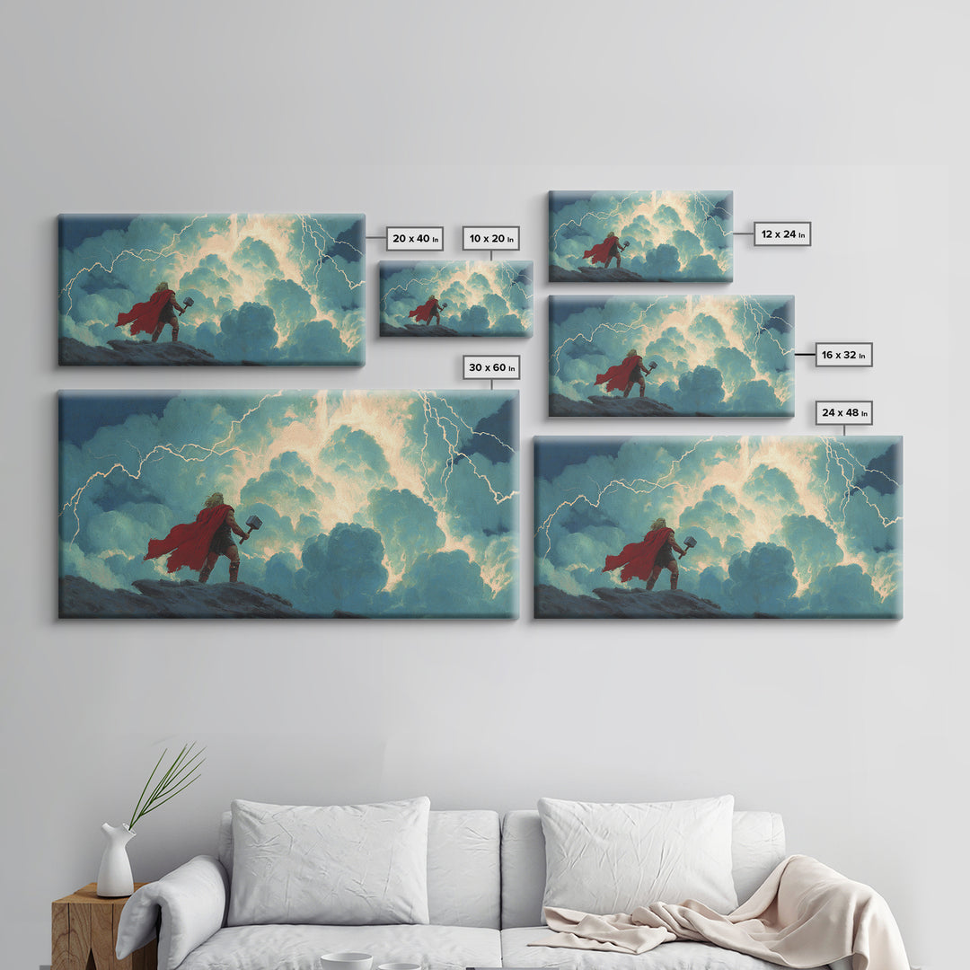 Norse Thunder God With Hammer Wall Art, Lightning Storm Mythology Canvas Decor, Viking Fantasy Print For Game Room Decor