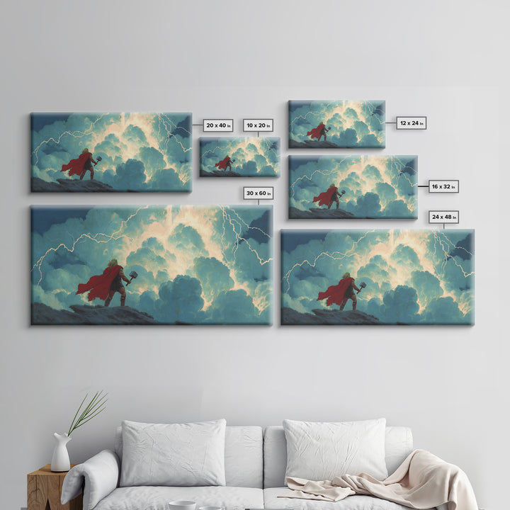 Norse Thunder God With Hammer Wall Art, Lightning Storm Mythology Canvas Decor, Viking Fantasy Print For Game Room Decor
