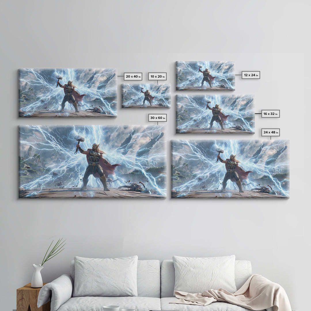 Epic Fantasy Artwork Of Thunder God Wielding Hammer Lightning Storm Detailed Surreal Wall Art Canvas Print