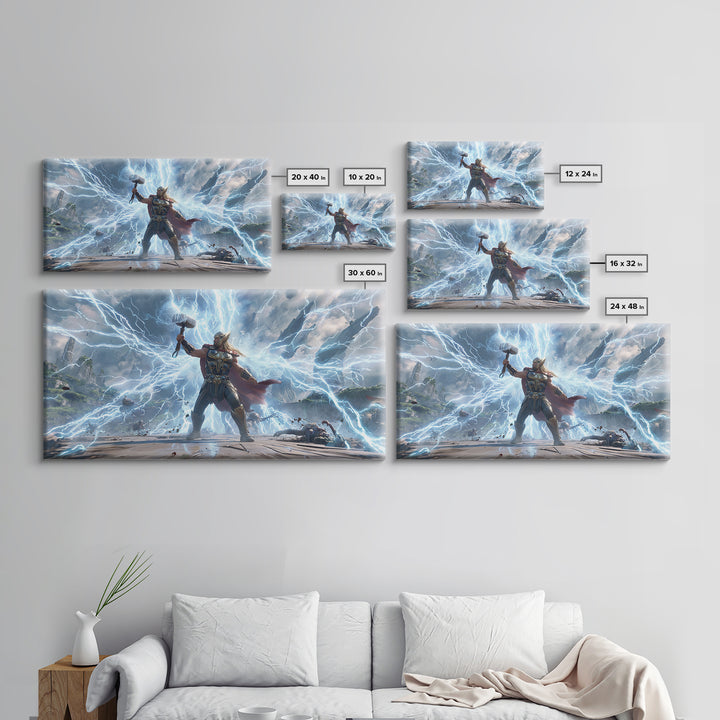 Epic Fantasy Artwork Of Thunder God Wielding Hammer Lightning Storm Detailed Surreal Wall Art Canvas Print