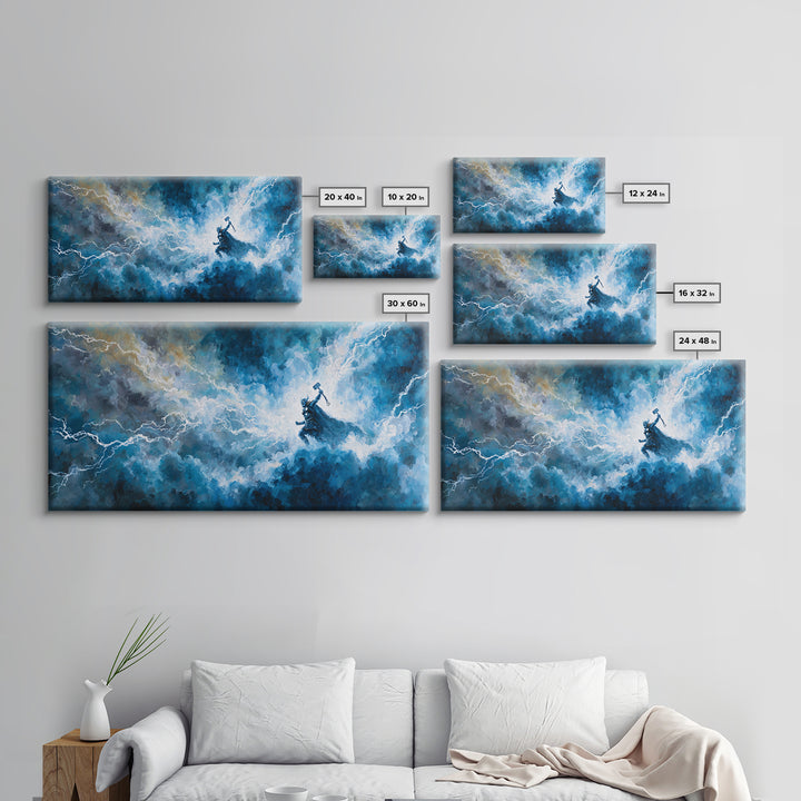 Thunder God In Lightning Storm Canvas Print Epic Fantasy Wall Art, Blue Mythology Home Decor, Viking Inspired Gift For Him
