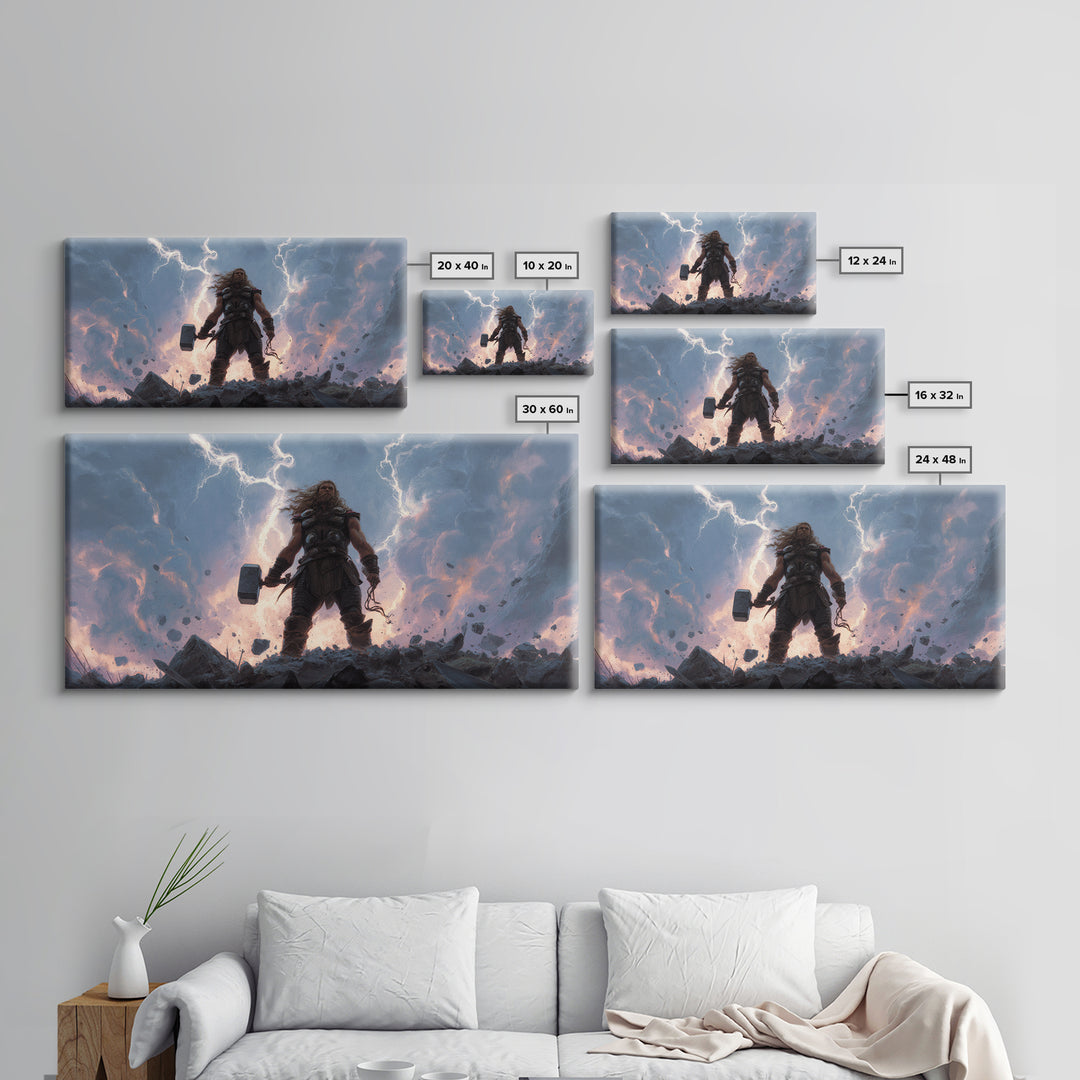 Thunder God Warrior With Hammer And Lightning Wall Art, Mythological Fantasy Canvas Print, Dramatic Storm Decor Gift For Him