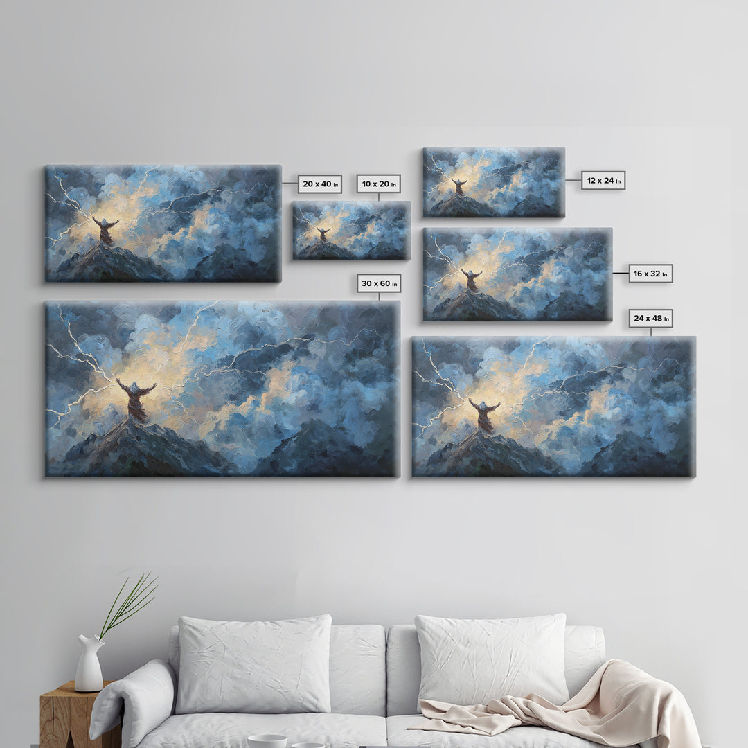 Storm Figure On Mountain Peak Canvas Print Lightning Sky Wall Art, Mythological Fantasy Landscape For Dramatic Home Decor