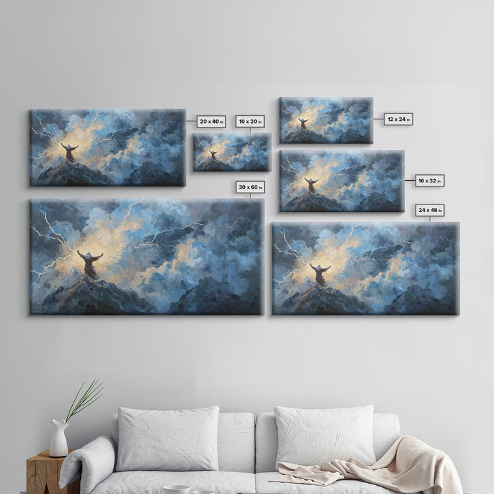 Storm Figure On Mountain Peak Canvas Print Lightning Sky Wall Art, Mythological Fantasy Landscape For Dramatic Home Decor